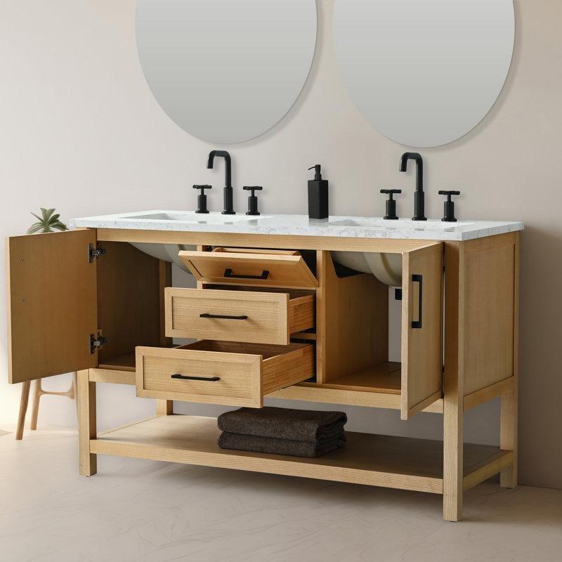 Açık Meşe Masif Dişbudak İkili Lavabolu Kuvars Tezgahlı Banyo Lavabo Dolabı - 138 cm - 197846