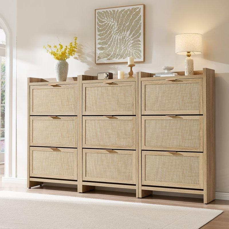 Açık Meşe Rattan Düşer Kapaklı Ahşap Ayakkabılık - 229309