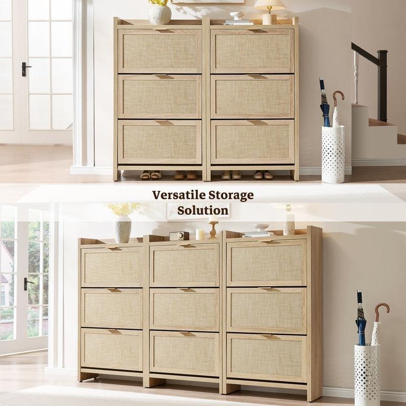 Açık Meşe Rattan Düşer Kapaklı Ahşap Ayakkabılık - 229309