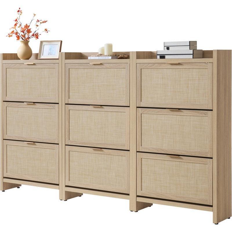 Açık Meşe Rattan Düşer Kapaklı Ahşap Ayakkabılık - 229309