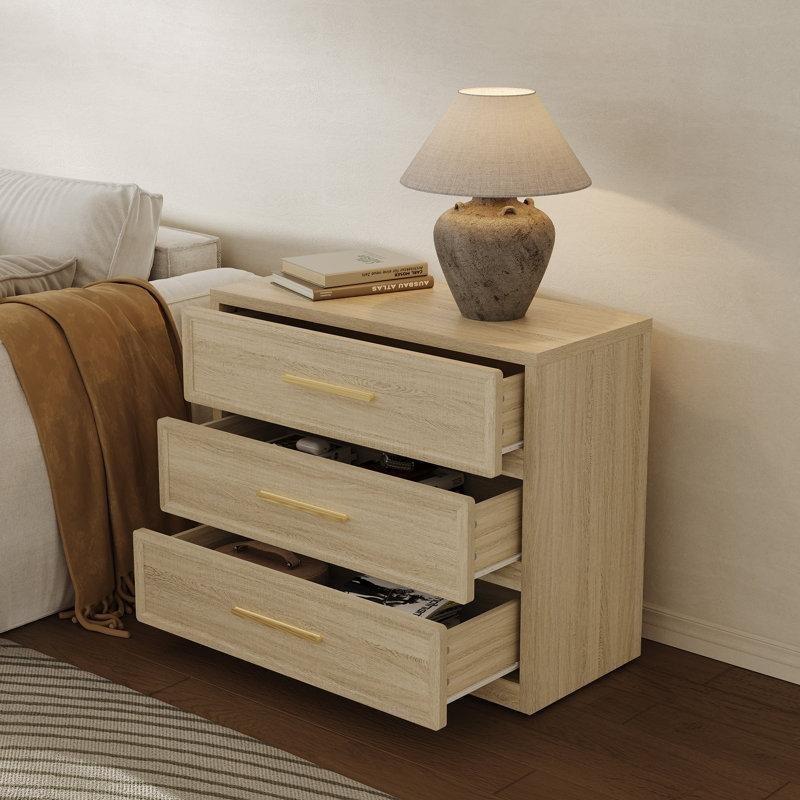 Açık Meşe Rengi MDF Gold Kulplu Üç Çekmeceli Komodin - 224564
