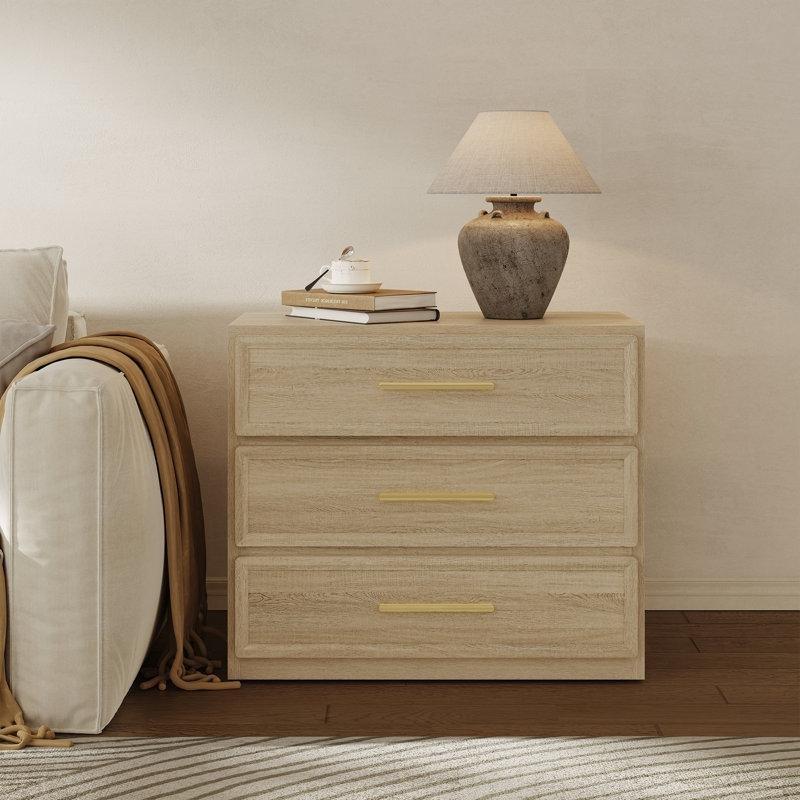 Açık Meşe Rengi MDF Gold Kulplu Üç Çekmeceli Komodin - 224564