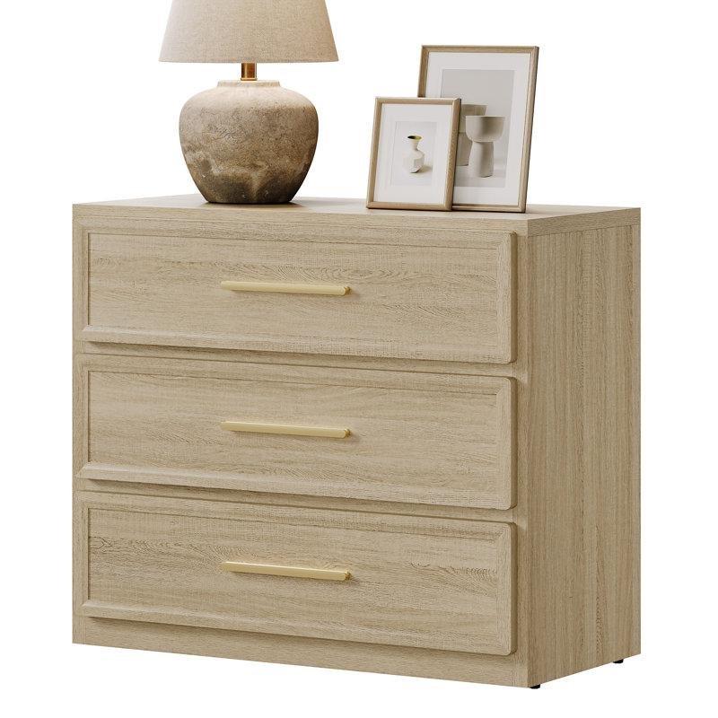 Açık Meşe Rengi MDF Gold Kulplu Üç Çekmeceli Komodin - 224564