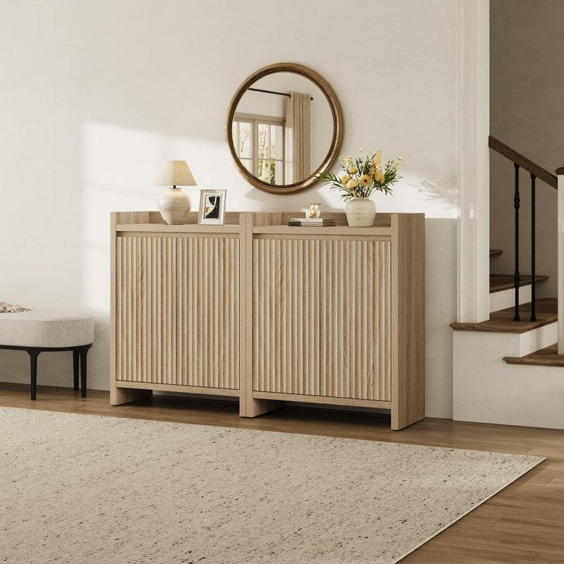 Açık Meşe Yivli 2 Kapaklı Ayarlanabilir Raflı Kulpsuz Ayakkabılık Dolabı - 81x38x106 cm - 229227