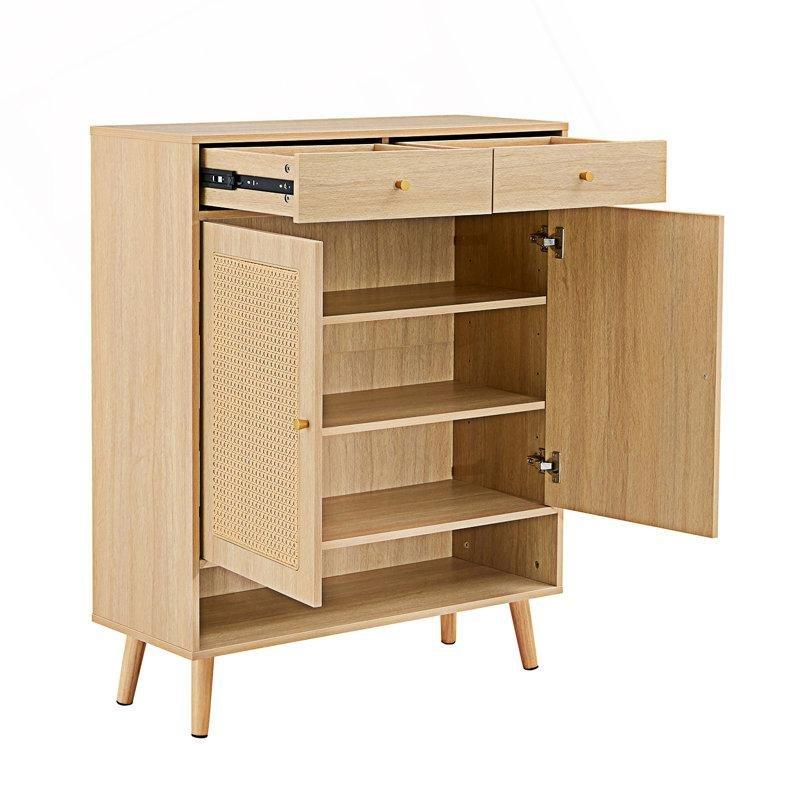 Açık Renk Rattan Kapaklı ve Çekmeceli Masif Ahşap Ayakkabılık - 227662