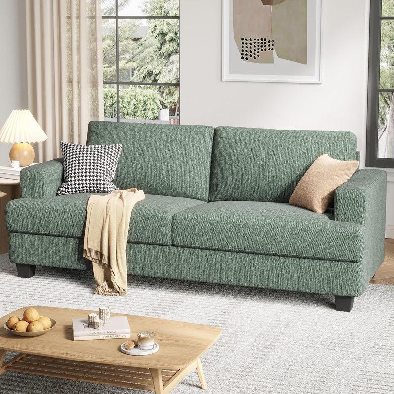 Açık Yeşil Keten Kumaş Köşeli Kolçaklı İkili Koltuk - 214 cm - 197227