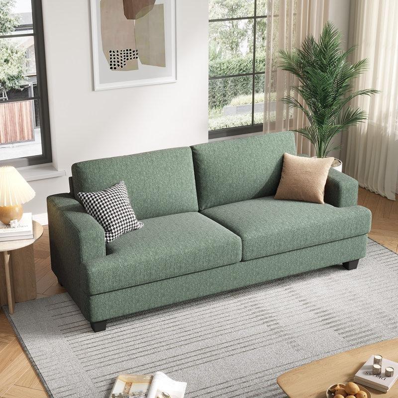 Açık Yeşil Keten Kumaş Köşeli Kolçaklı İkili Koltuk - 214 cm - 197227