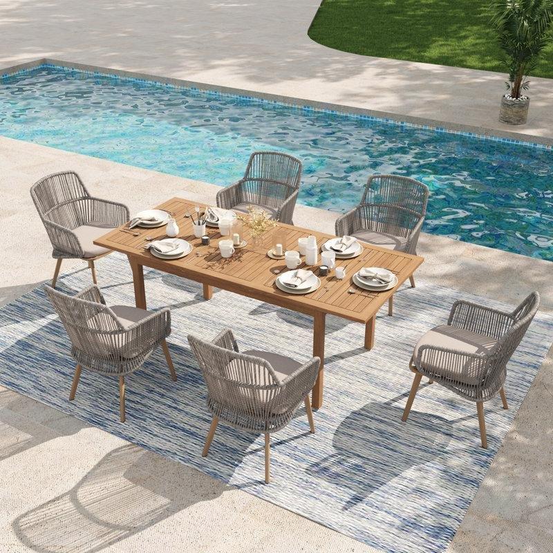Açılır Masif Akasya Ağacı ve PE Rattan Minderli 6 Kişilik Bahçe Masa Takımı - 215761