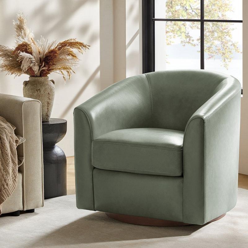 Adaçayı Yeşili Hakiki Deri Masif Ahşap Kaideli Dönebilen Berjer Koltuk - 202378