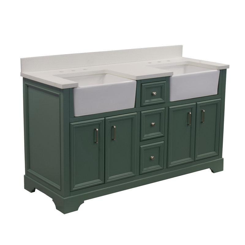 Adaçayı Yeşili Masif Ahşap Kuvars Tezgahlı İkili Lavabolu Çekmeceli Banyo Lavabo Dolabı - 153 cm - 199725