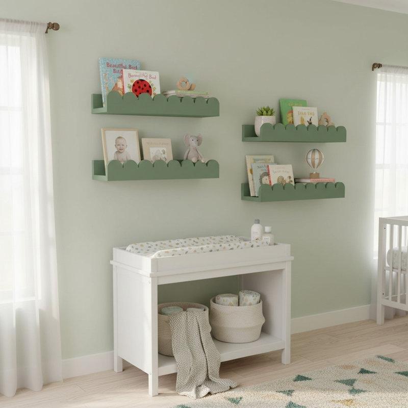 Adaçayı Yeşili Masif Ahşap Tırtıklı Kenarlı 4lü Set Duvar Rafı - 41 cm - 179487
