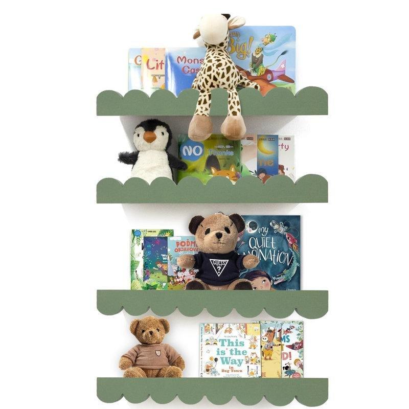 Adaçayı Yeşili Masif Ahşap Tırtıklı Kenarlı 4lü Set Duvar Rafı - 41 cm - 179487