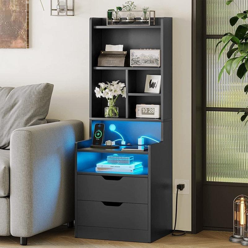 Ahşap Akıllı LED Aydınlatmalı Prizli Raflı Komodin - 127 cm - 223276