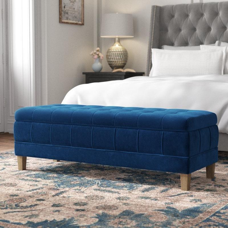 Ahşap Ayaklı Kadife Kapitoneli Sandıklı Bench - 133 cm - 164740