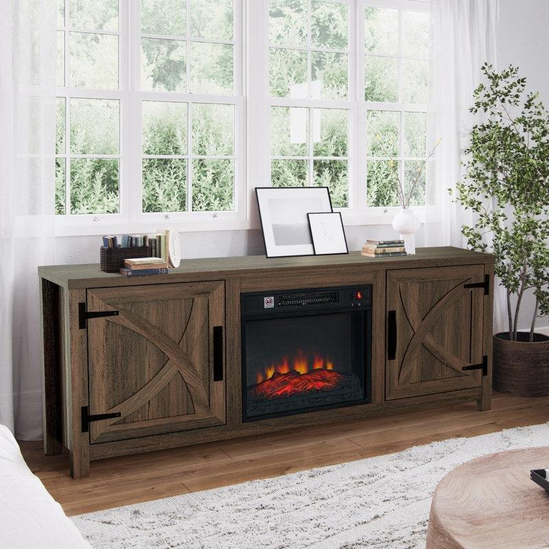 Ahşap Desenli MDF Sürgülü Kapaklı Elektrikli Şömineli TV Ünitesi - 148 cm - 222022