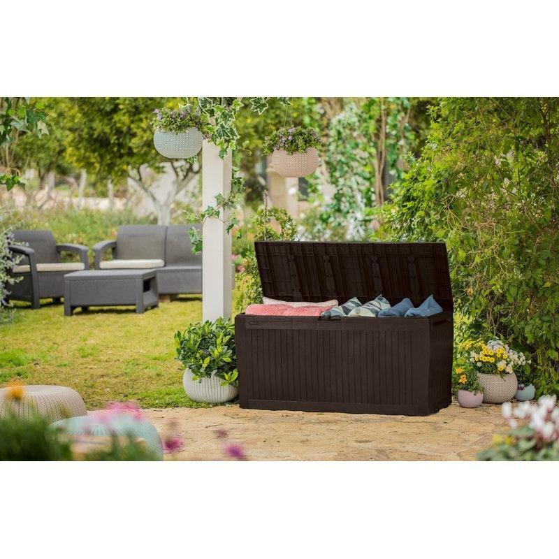 Ahşap Dokulu Reçine Oturaklı Kilitlenebilir Bahçe Dolabı - 117x46x56 cm - 163516