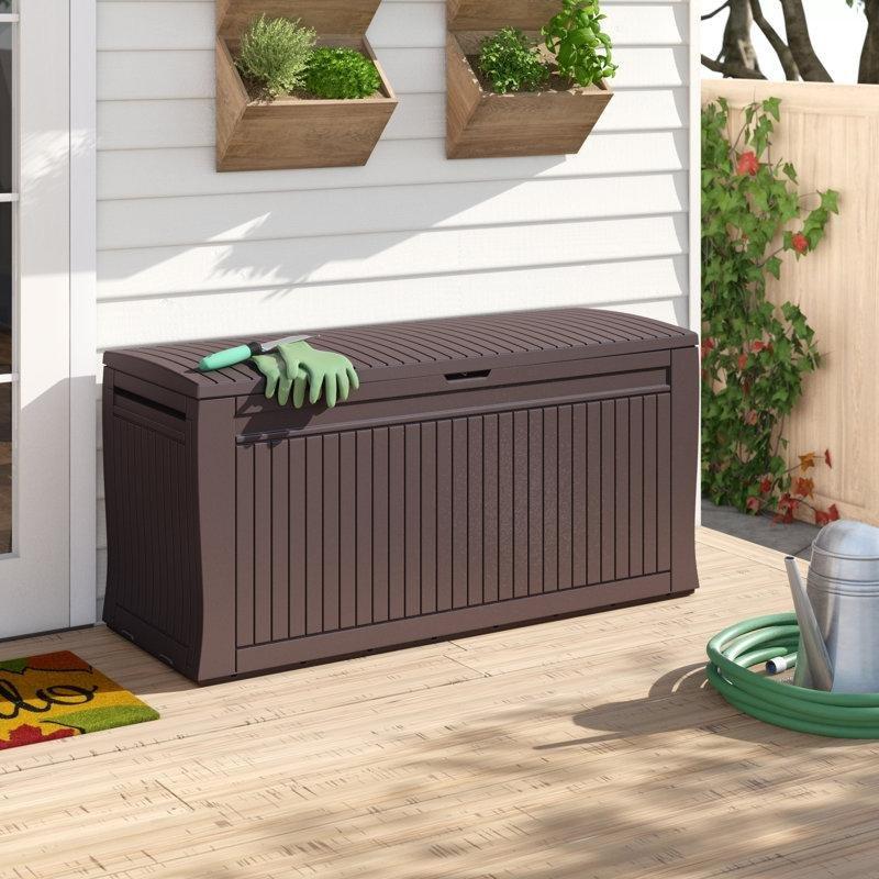 Ahşap Dokulu Reçine Oturaklı Kilitlenebilir Bahçe Dolabı - 117x46x56 cm - 163516