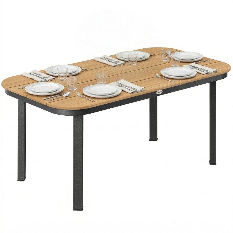 Ahşap Dokulu WPC ve Siyah Metal Ayarlanabilir Ayaklı Bohem Yemek Masası - 155x88 cm - 236810