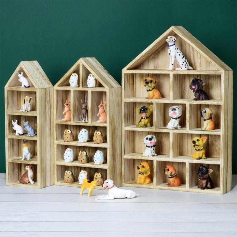 Ahşap Ev Şeklinde 15 Bölmeli 3lü Set Duvar Rafı - 179648