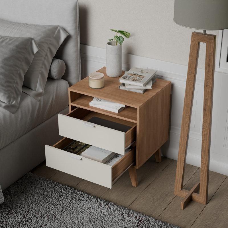 Ahşap İki Çekmeceli ve Açık Raflı Modern Komodin - 54 cm - 223376
