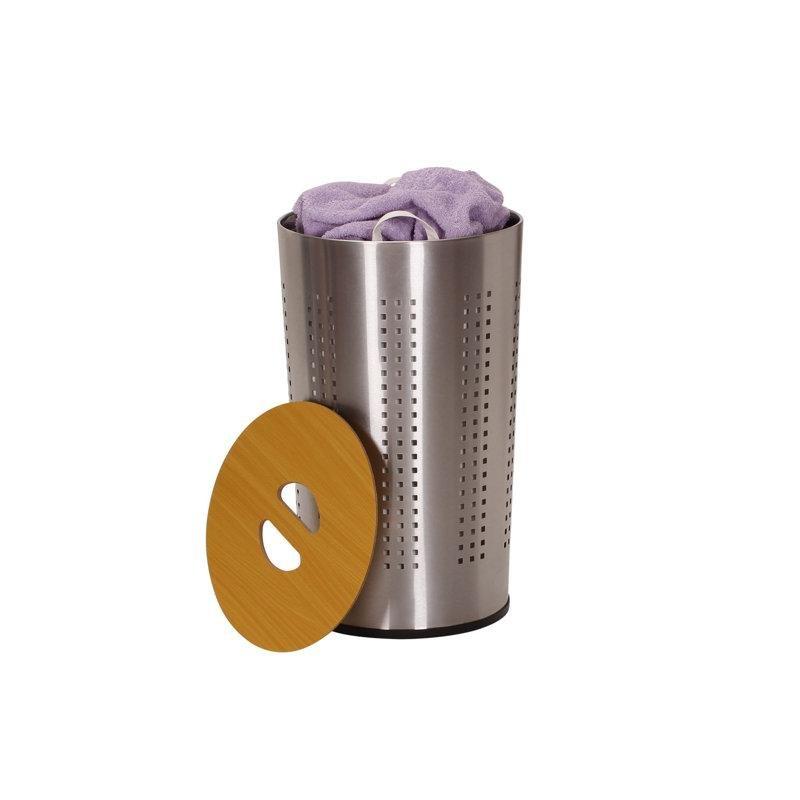 Ahşap Kapaklı Krom Metal Kulplu Çıkarılabilir Astarlı Yuvarlak Çamaşır Sepeti - 59x36 cm - 187645