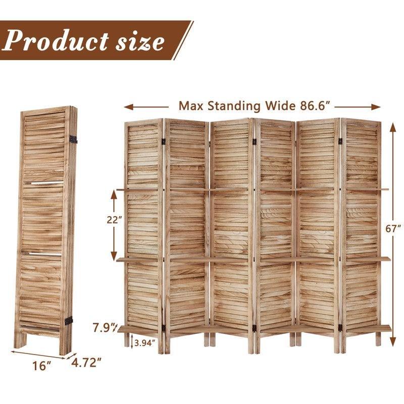Ahşap Raflı Panjurlu Katlanır 6 Panelli Paravan - 171x232 cm - 184766