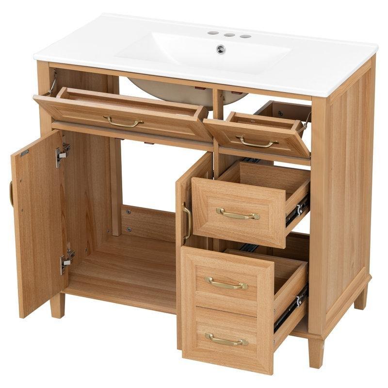 Ahşap Rengi Masif Ayaklı Seramik Tezgahlı 4 Çekmeceli Banyo Lavabo Dolabı - 92 cm - 199076