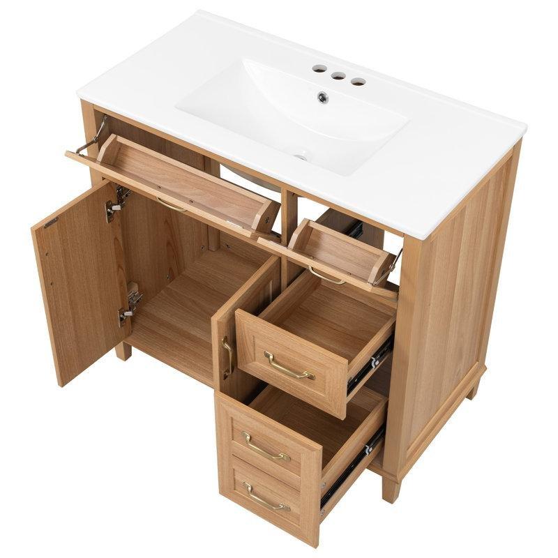 Ahşap Rengi Masif Ayaklı Seramik Tezgahlı 4 Çekmeceli Banyo Lavabo Dolabı - 92 cm - 199076