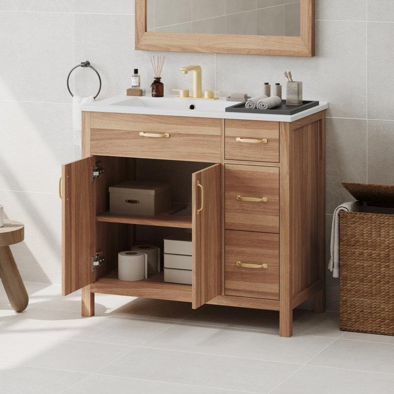 Ahşap Rengi Masif Gövdeli Yavaş Kapanır Çekmeceli Banyo Lavabo Dolabı - 92 cm - 200025