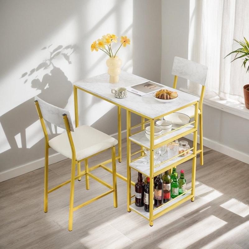 Ahşap Rengi MDF 3 Raflı ve 2 Tabureli Bar Masası Seti - 90x51x91 cm - 231750
