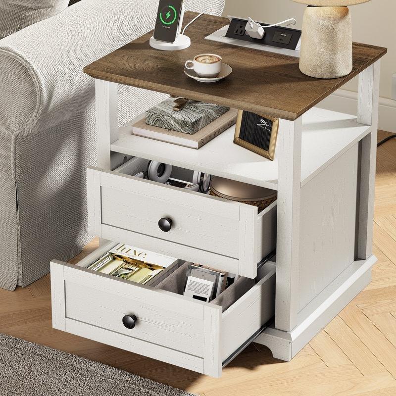Ahşap Rengi MDF Dahili Şarj İstasyonlu İki Çekmeceli Raflı Komodin İkili Set - 222794