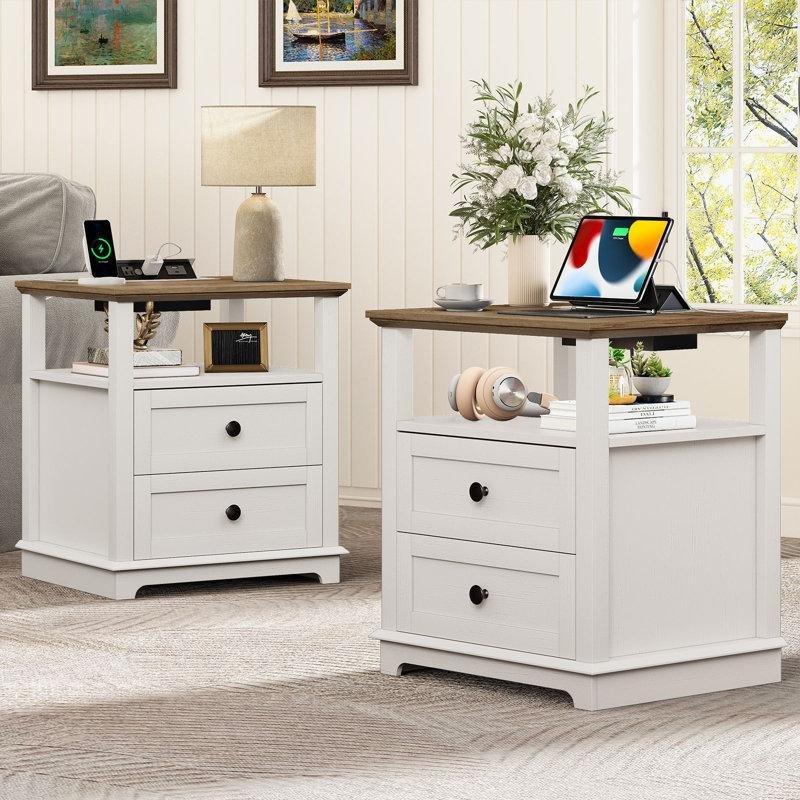 Ahşap Rengi MDF Dahili Şarj İstasyonlu İki Çekmeceli Raflı Komodin İkili Set - 222794