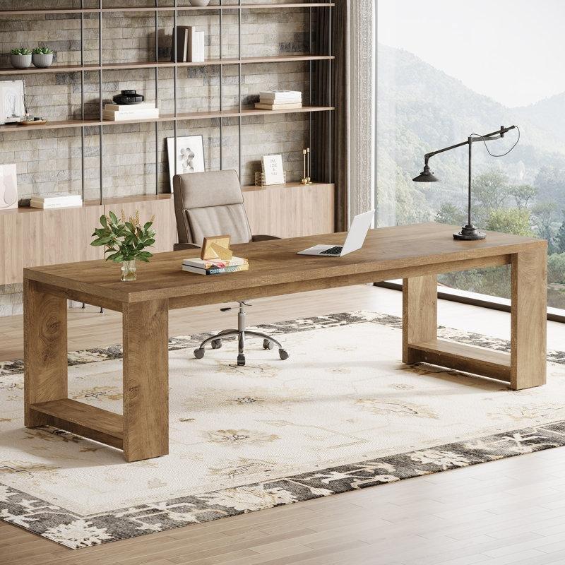 Ahşap Rengi MDF İki Kişilik Geniş Ofis Masası - 220 cm - 177041