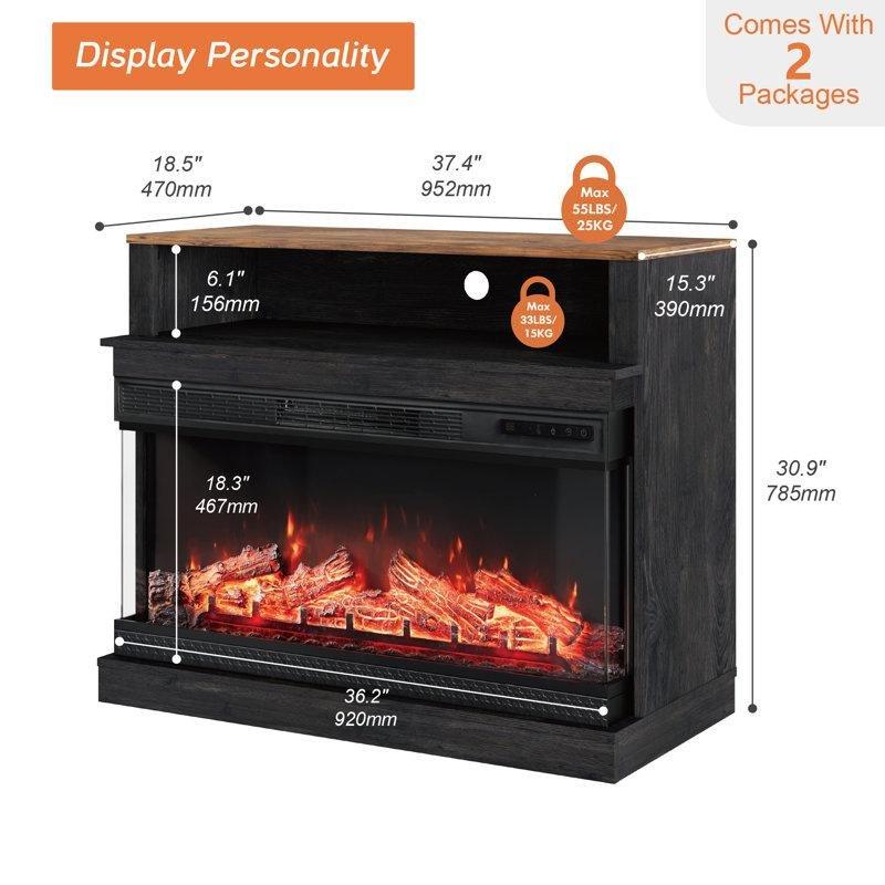 Ahşap Rengi MDF Metal Detaylı Şömineli TV Ünitesi - 94 cm - 220725