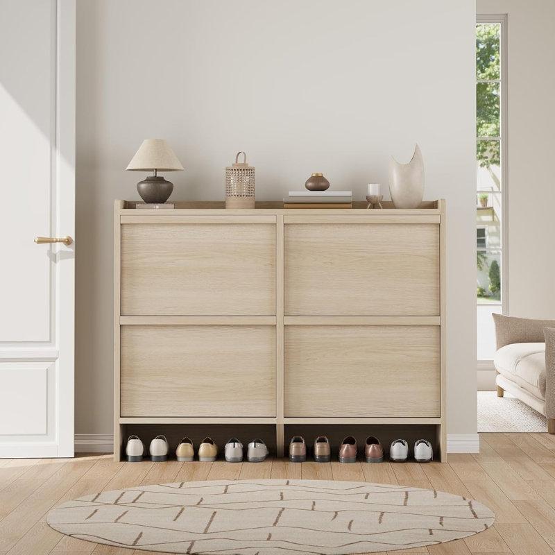Ahşap Rengi MDF Puflu 4 Düşer Kapaklı Çekmeceli Ayakkabılık - 120 cm - 229132