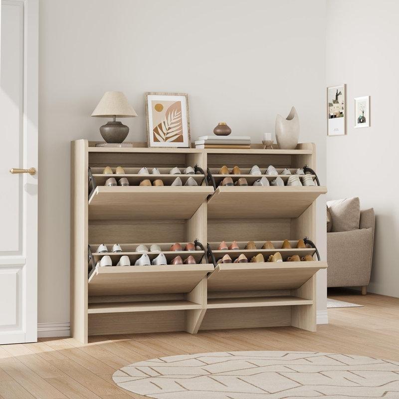Ahşap Rengi MDF Puflu 4 Düşer Kapaklı Çekmeceli Ayakkabılık - 120 cm - 229132