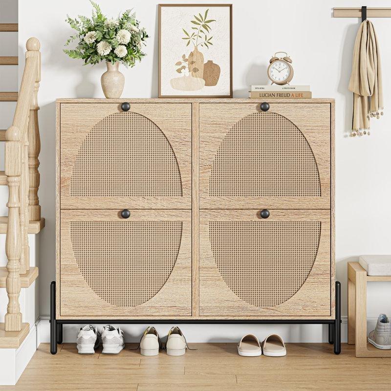 Ahşap Rengi Rattan Tasarımlı Metal Ayaklı 4 Düşer Kapaklı MDF Ayakkabılık - 101x24x89 cm - 230278