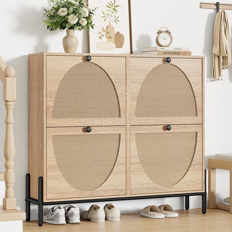 Ahşap Rengi Rattan Tasarımlı Metal Ayaklı 4 Düşer Kapaklı MDF Ayakkabılık - 101x24x89 cm - 230278