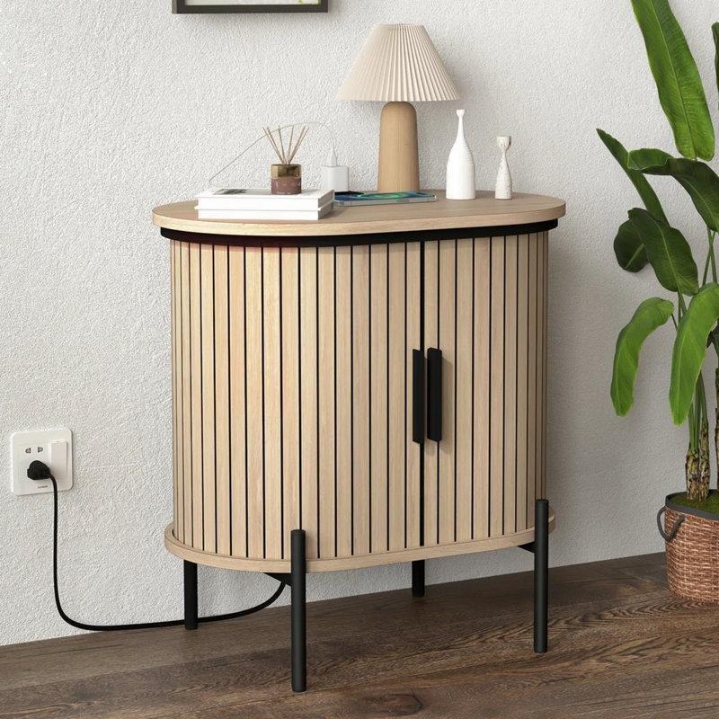 Ahşap Rengi ve Siyah MDF Metal USB Şarjlı Yivli Kapaklı Oval Komodin - 56x35 cm - 224132