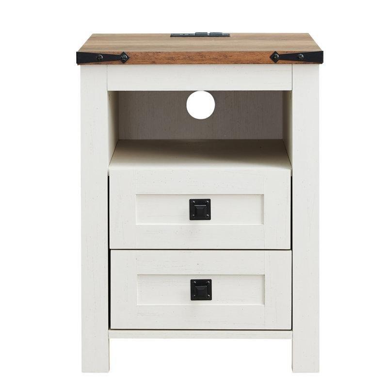 Ahşap Şarj İstasyonlu ve Raflı İki Çekmeceli Kır Evi Tarzı Komodin - 46 cm - 223778