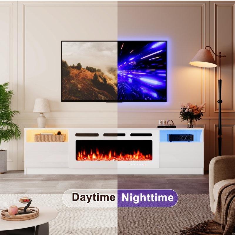 Ahşap Uzaktan Kumandalı LED Aydınlatmalı Şömineli Tv Ünitesi - 204 cm - 222180
