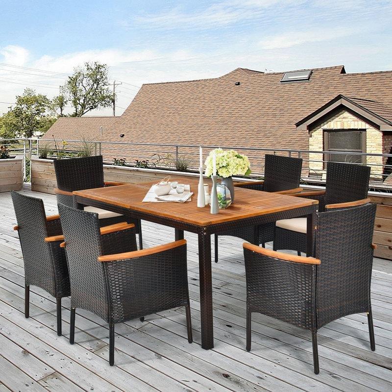 Akasya Ahşap Rattan Minderli Şemsiye Delikli 6 Kişilik Bahçe Masa Takımı - 150 cm - 214596