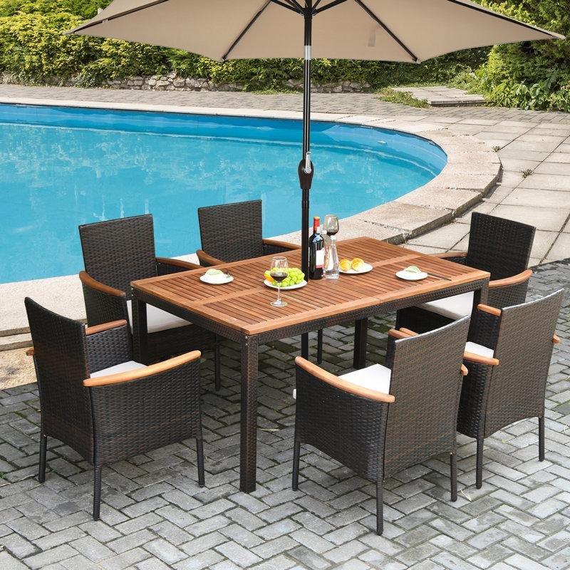 Akasya Ahşap Rattan Minderli Şemsiye Delikli 6 Kişilik Bahçe Masa Takımı - 150 cm - 214596
