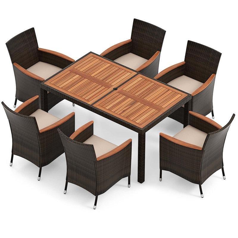 Akasya Ahşap ve Rattan 6 Kişilik İstiflenebilir Sandalyeli Şemsiye Delikli Bahçe Masa Takımı - 150x89 cm - 216917