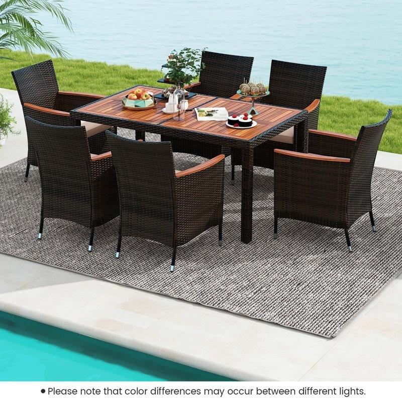 Akasya Ahşap ve Rattan 6 Kişilik İstiflenebilir Sandalyeli Şemsiye Delikli Bahçe Masa Takımı - 150x89 cm - 216917