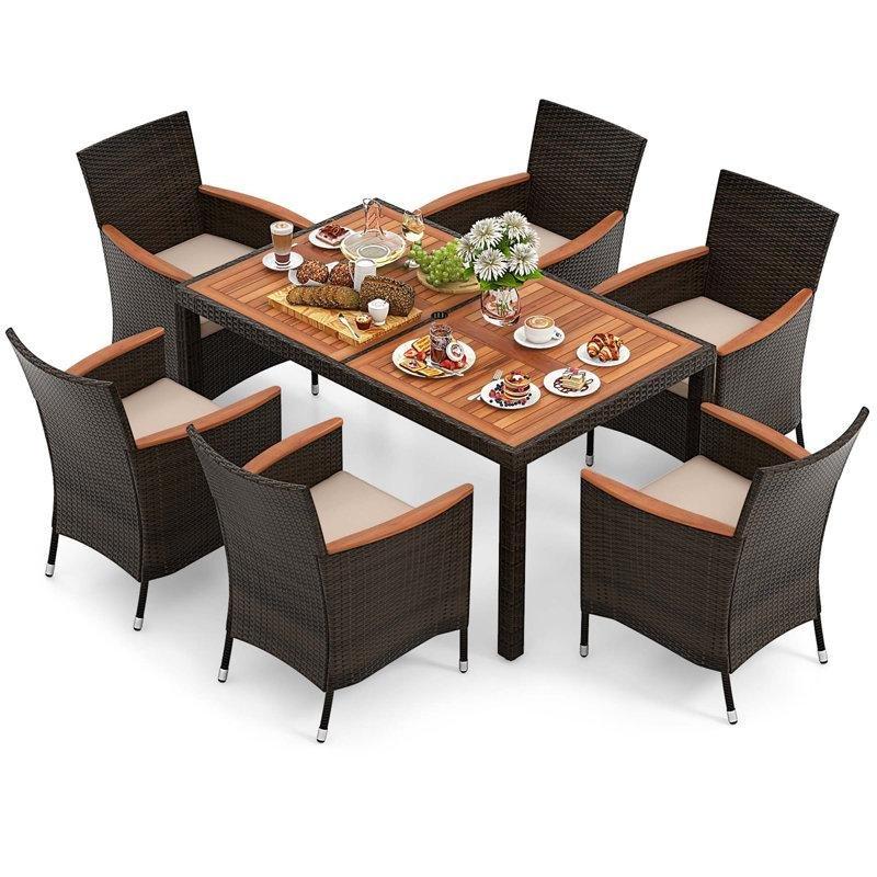 Akasya Ahşap ve Rattan 6 Kişilik İstiflenebilir Sandalyeli Şemsiye Delikli Bahçe Masa Takımı - 150x89 cm - 216917