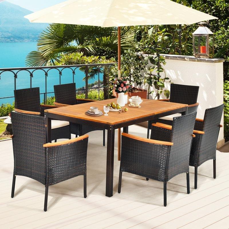 Akasya Ahşap ve Rattan 6 Kişilik Minderli Şemsiye Delikli Bahçe Masa Takımı - 150x91 cm - 215979