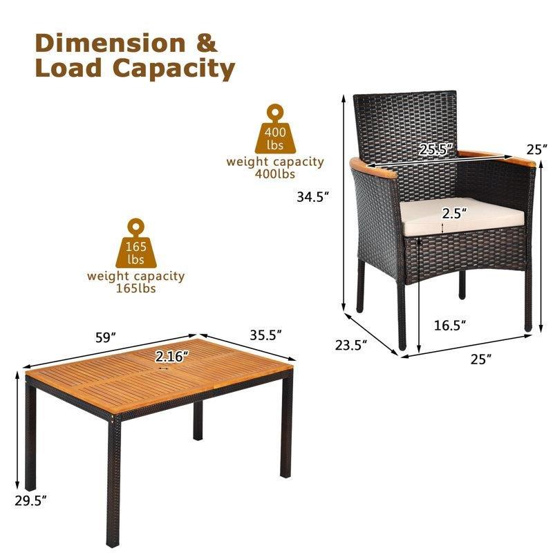 Akasya Ahşap ve Rattan 6 Kişilik Minderli Şemsiye Delikli Bahçe Masa Takımı - 150x91 cm - 215979