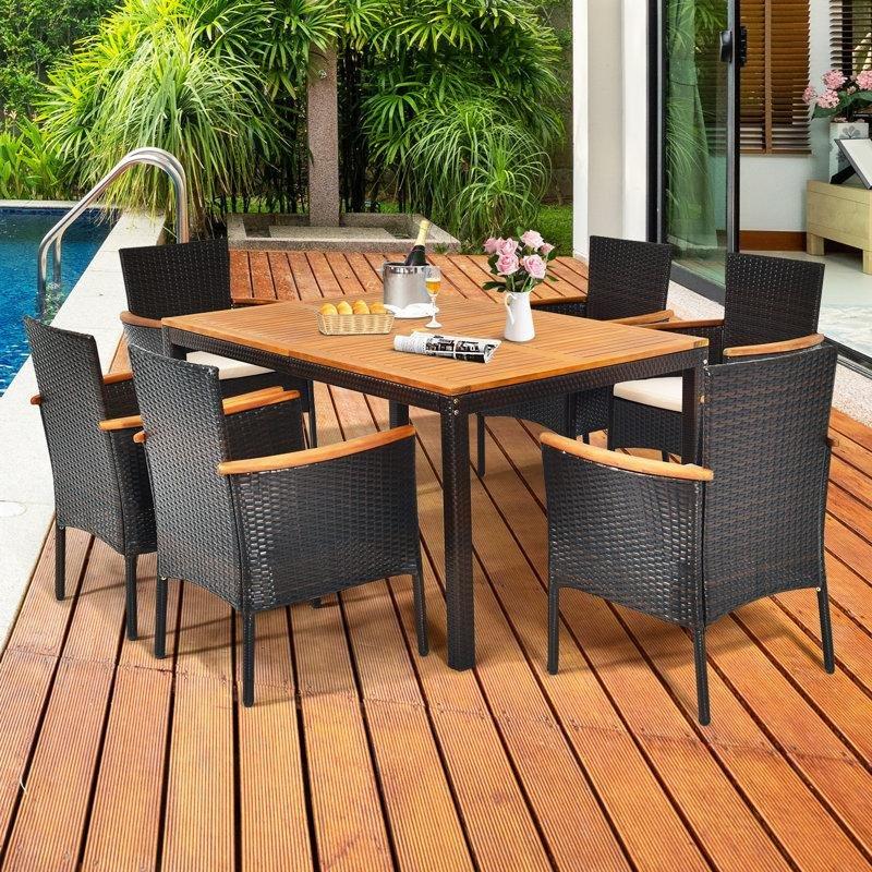 Akasya Ahşap ve Rattan 6 Kişilik Minderli Şemsiye Delikli Bahçe Masa Takımı - 150x91 cm - 215979