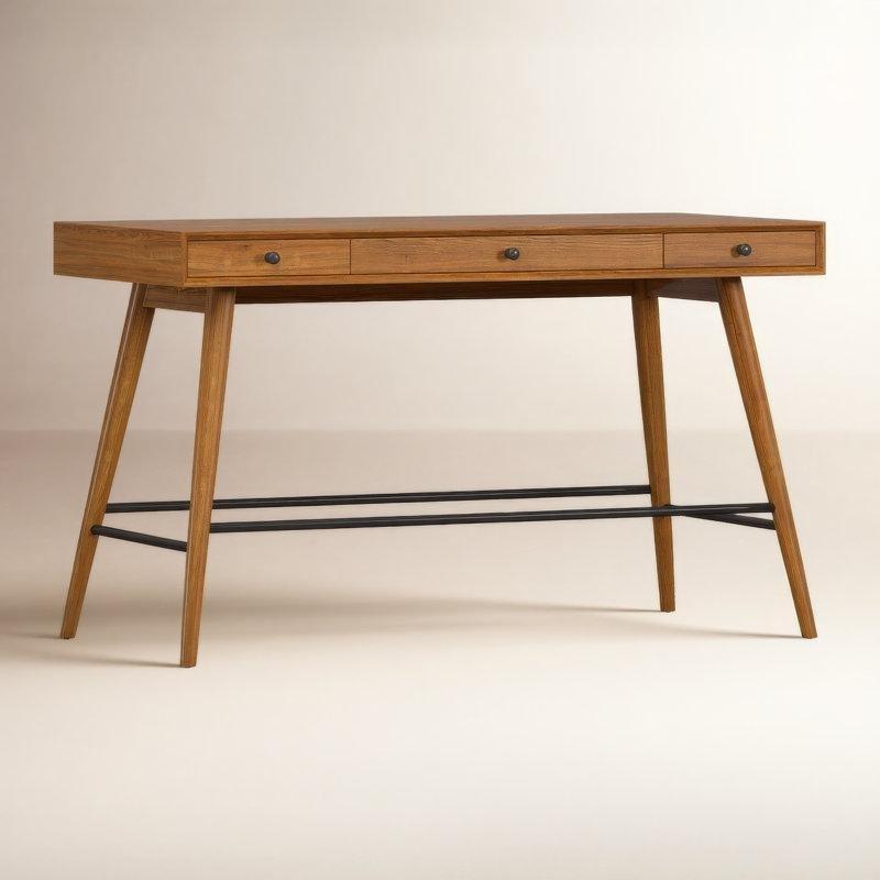 Akasya Kaplama Masif Ahşap Yavaş Kapanır 3 Çekmeceli Vintage Çalışma Masası - 127 cm - 234396